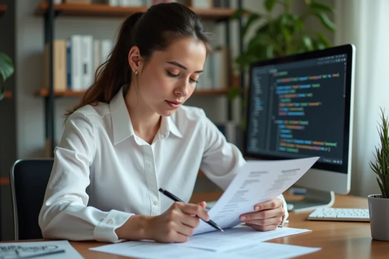Femme professionnelle révisant son CV informatique à son bureau avec ordinateur et logiciels visibles en arrière-plan