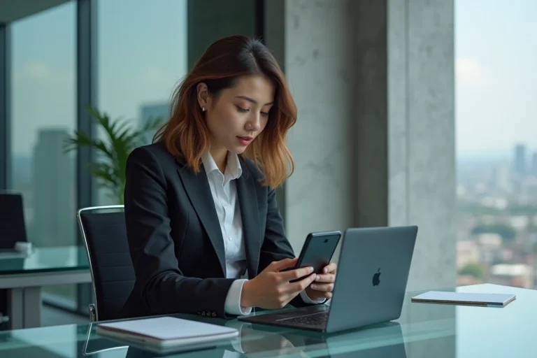 Femme technophile examinant un smartphone pliable en bureau moderne