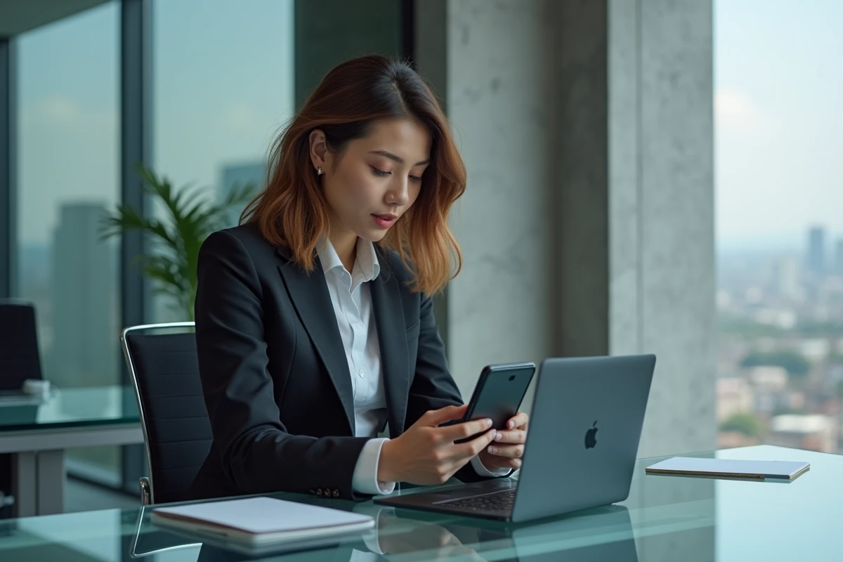 Femme technophile examinant un smartphone pliable en bureau moderne