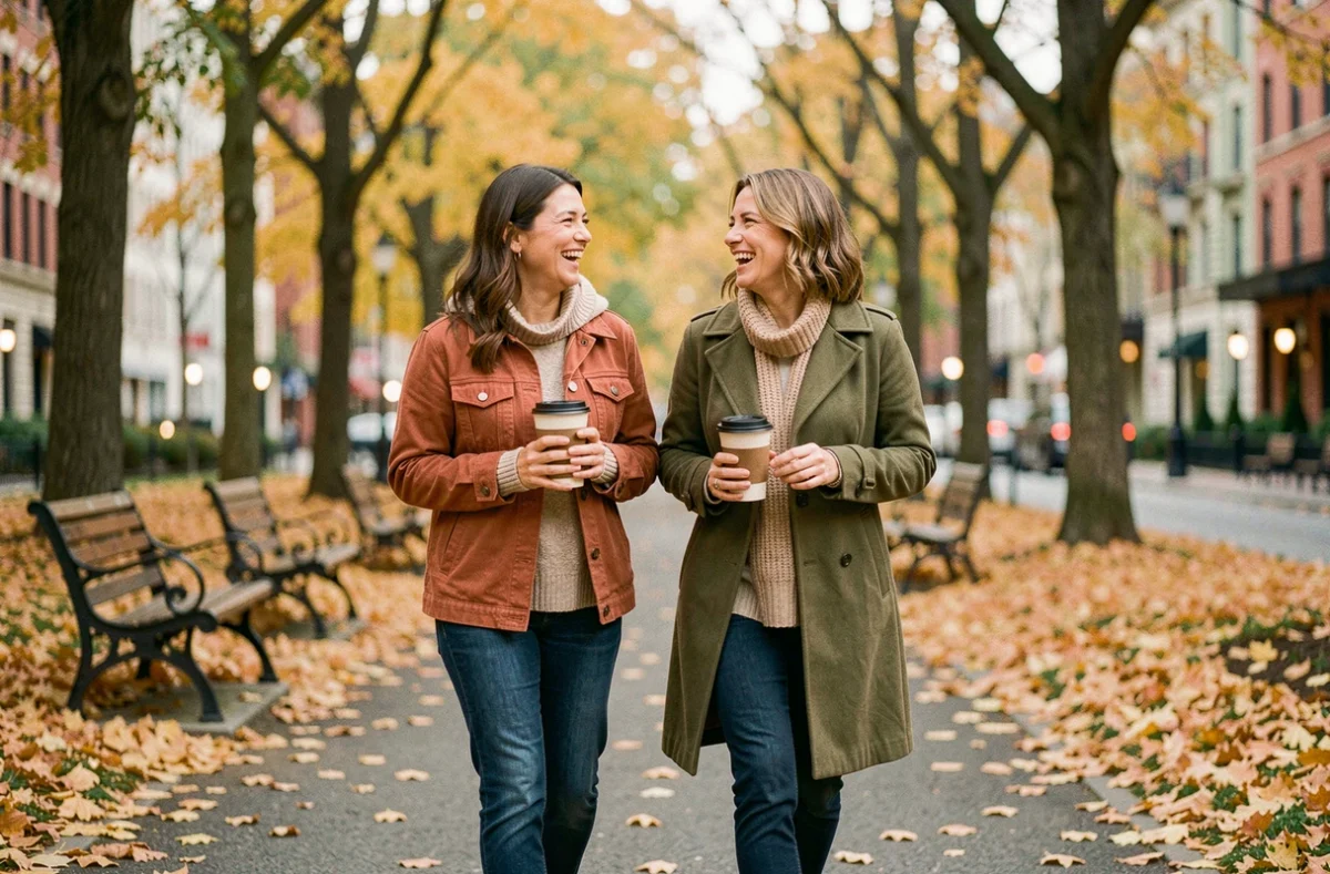 Deux femmes marchant et riant dans un parc urbain en automne, représentant les bienfaits de l'activité physique quotidienne et du lien social pour la santé et le bien-être