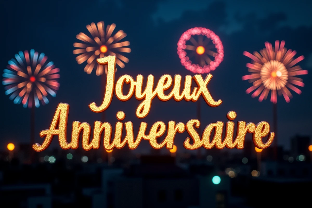 Feux d'artifice colorés en boucle avec texte doré Joyeux Anniversaire sur fond de ciel nocturne