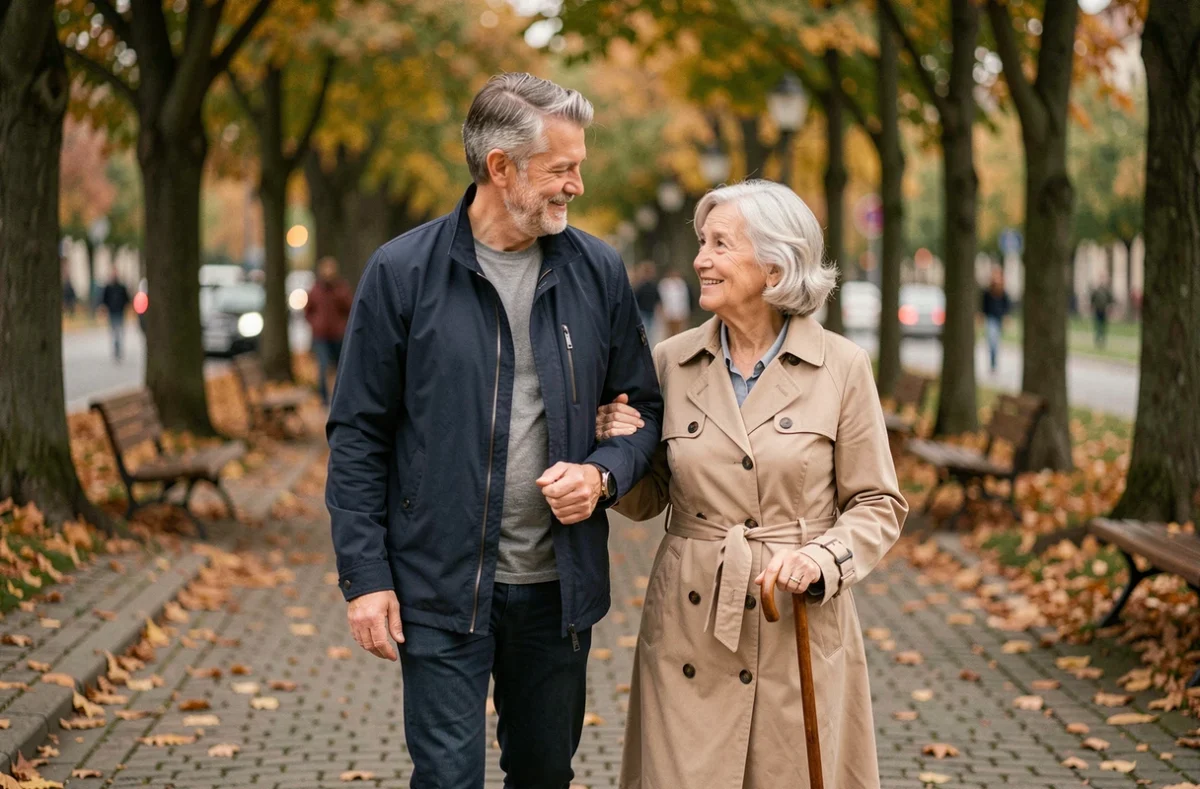 Fils accompagnant sa mère âgée lors d'une promenade dans un parc en automne
