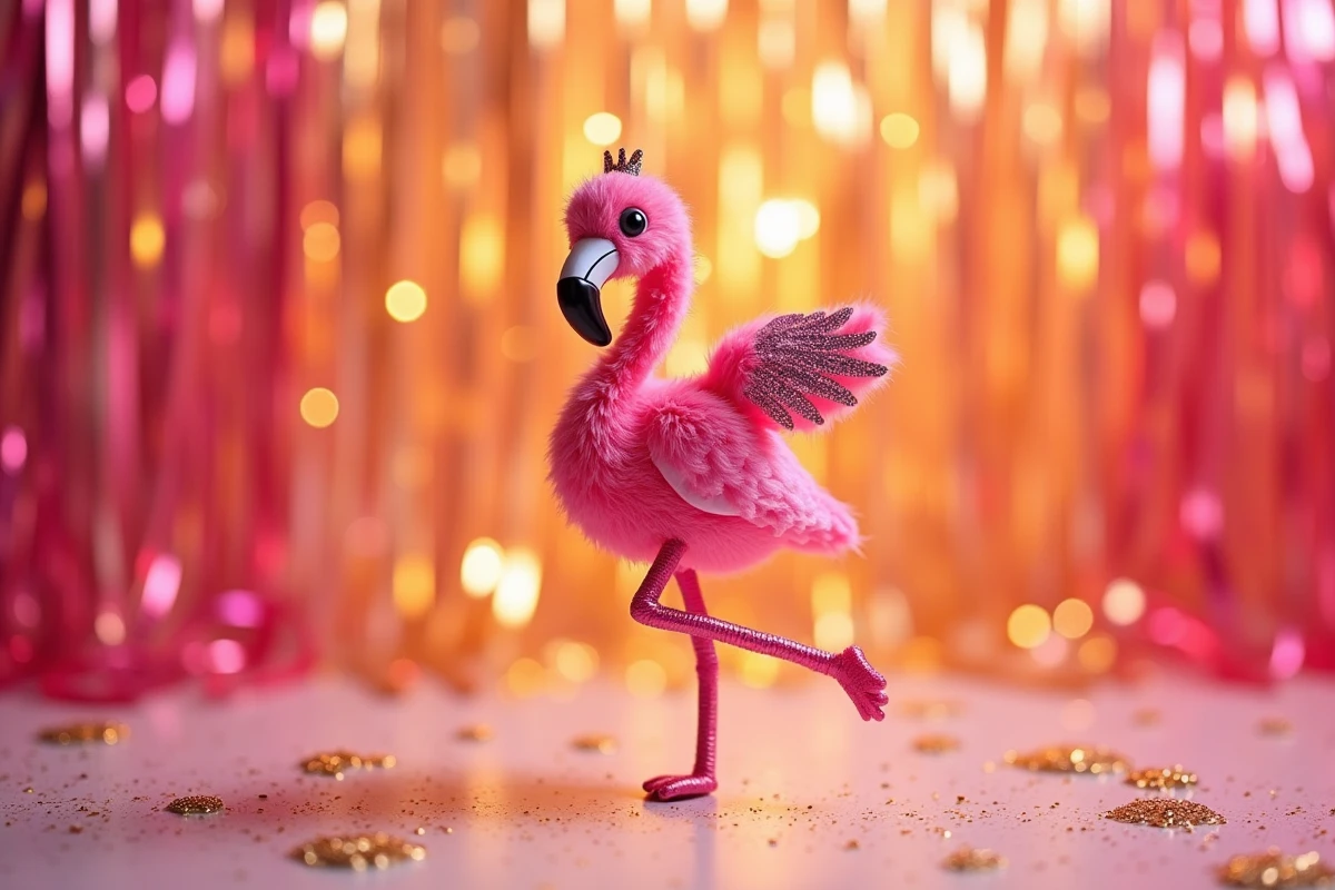 Flamant rose qui danse sur un fond pailleté doré et rose lors d'une fête d'anniversaire