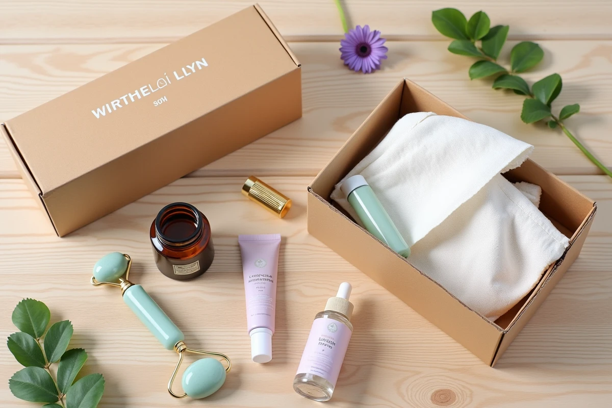 Flatlay de produits beauté et bien-être déballés d'une commande en ligne sur une surface en bois clair