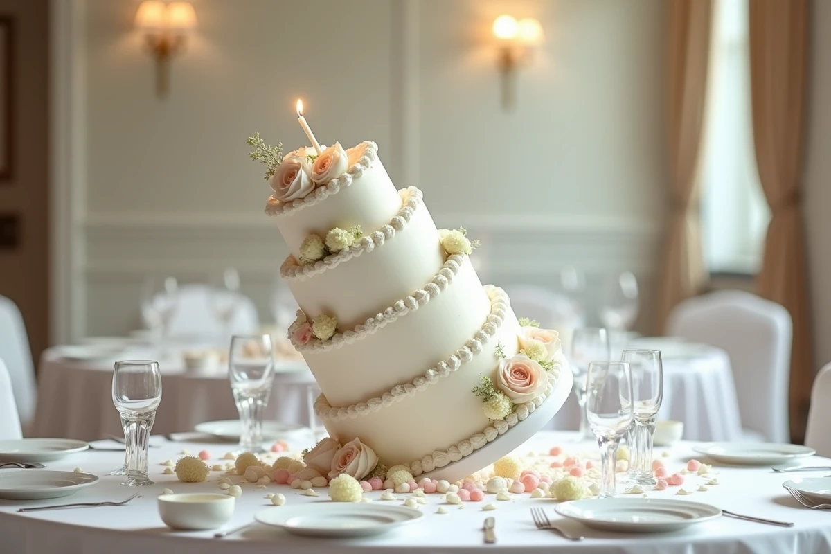 Gâteau d'anniversaire à plusieurs étages penchant dangereusement sur le côté avec sa décoration florale
