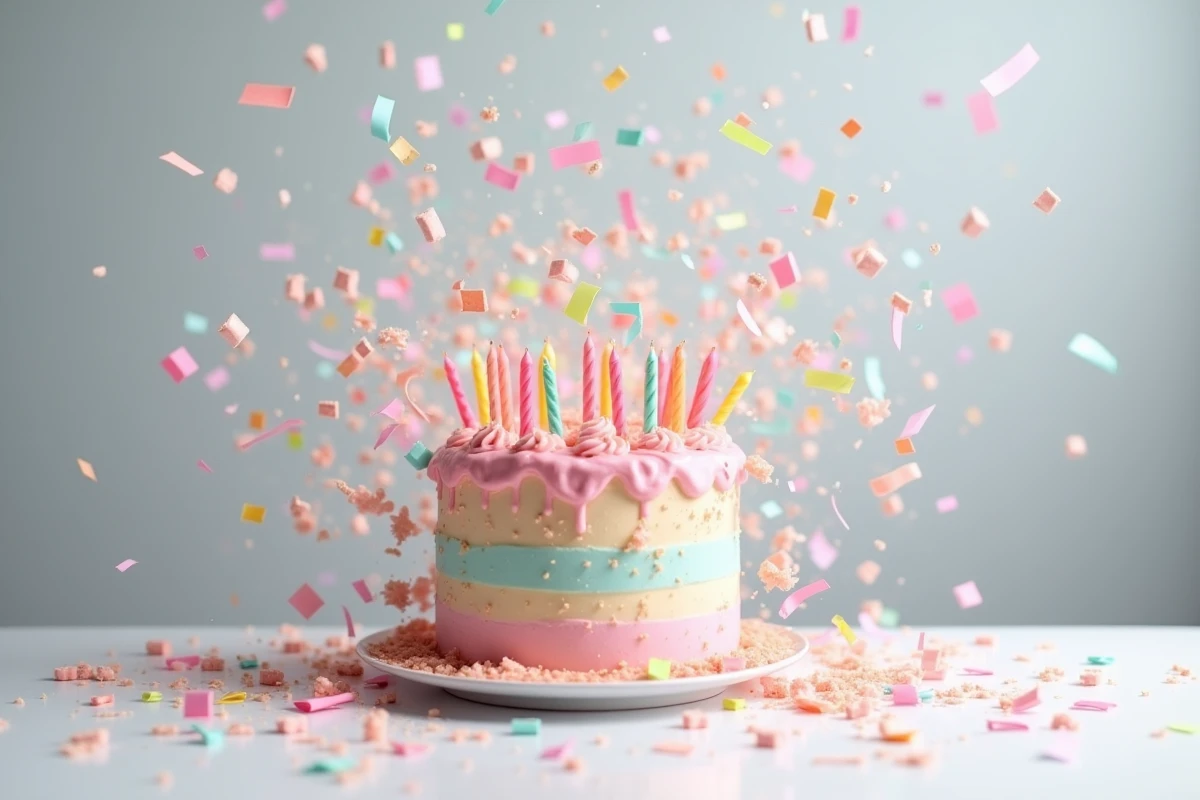 Gâteau d'anniversaire qui explose en confettis colorés dans tous les sens