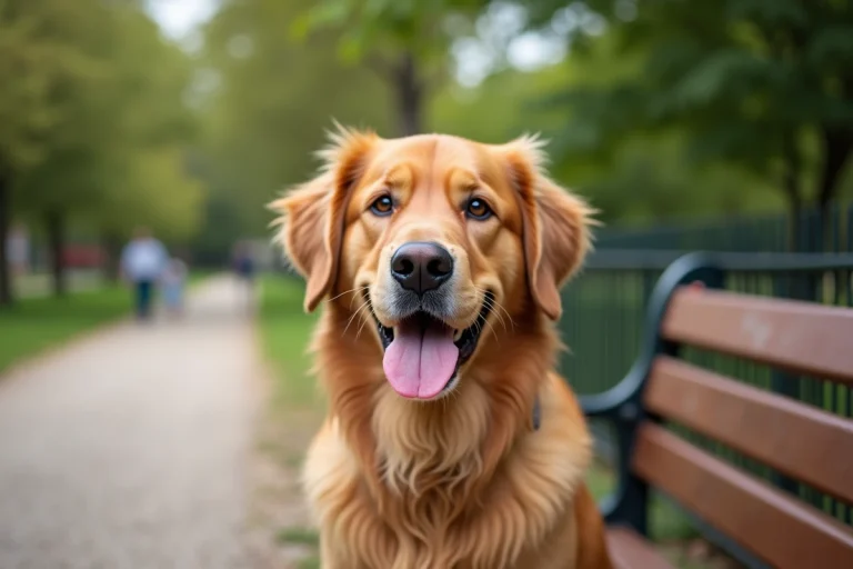 Golden retriever assis sur un banc en bois dans un parc urbain, regard attentif et expression joyeuse naturelle