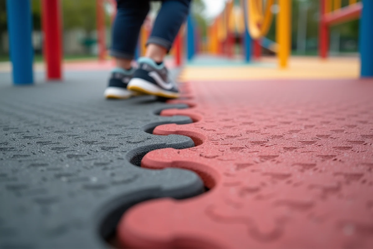Gros plan sur le joint entre deux dalles amortissantes en caoutchouc recyclé d'une aire de jeux scolaire
