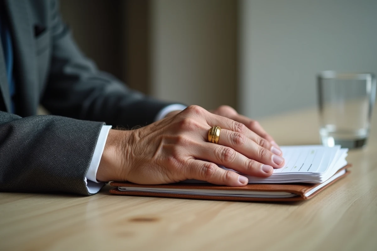 Gros plan sur les mains âgées d'un homme posées sur des documents officiels et un agenda en cuir, évoquant une carrière politique