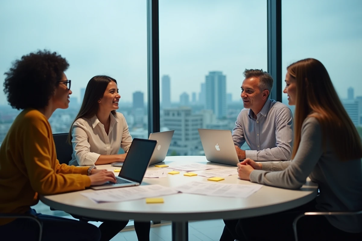 Groupe de professionnels discutant du choix d'une formation professionnelle autour d'une table de réunion