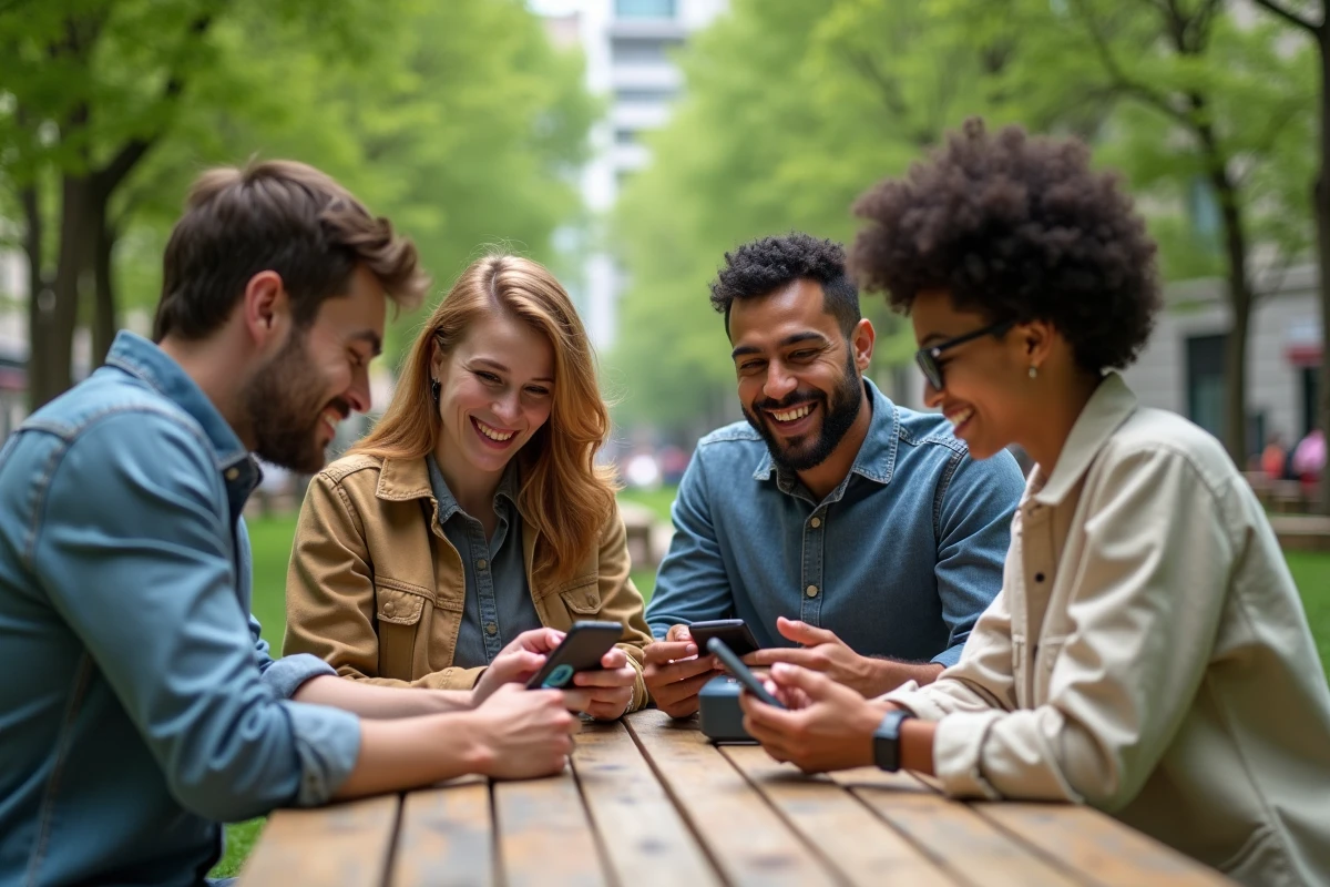 Groupe de jeunes utilisant des gadgets connectes dans un parc urbain