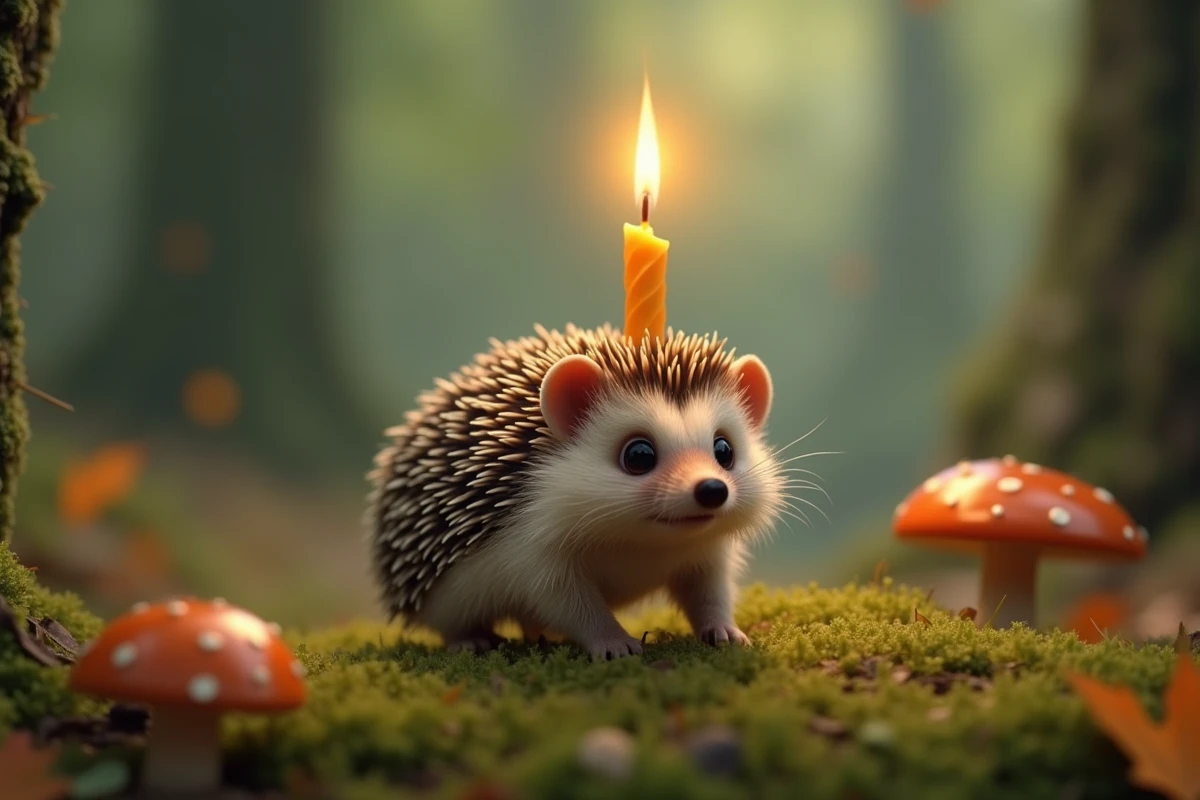 Hérisson mignon portant une bougie d'anniversaire allumée en équilibre sur son dos couvert de piquants