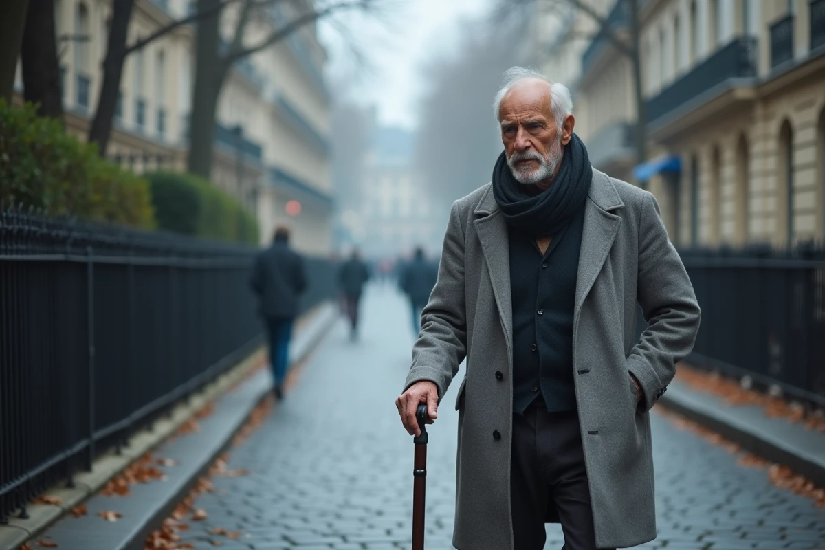Homme âgé marchant seul dans une rue parisienne pavée en automne, vêtu d'un manteau gris, canne à la main