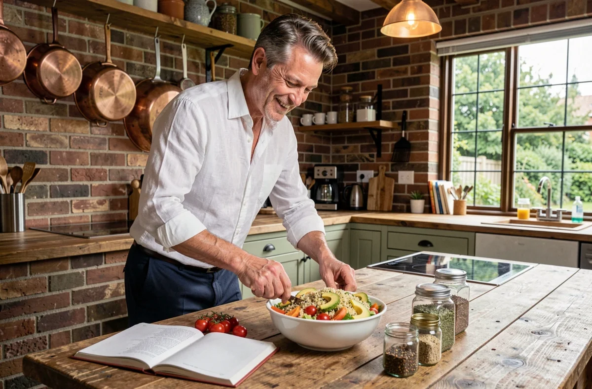 Homme préparant un bol de salade saine et colorée dans une cuisine rustique, symbolisant les tendances de l'alimentation équilibrée et de la nutrition moderne
