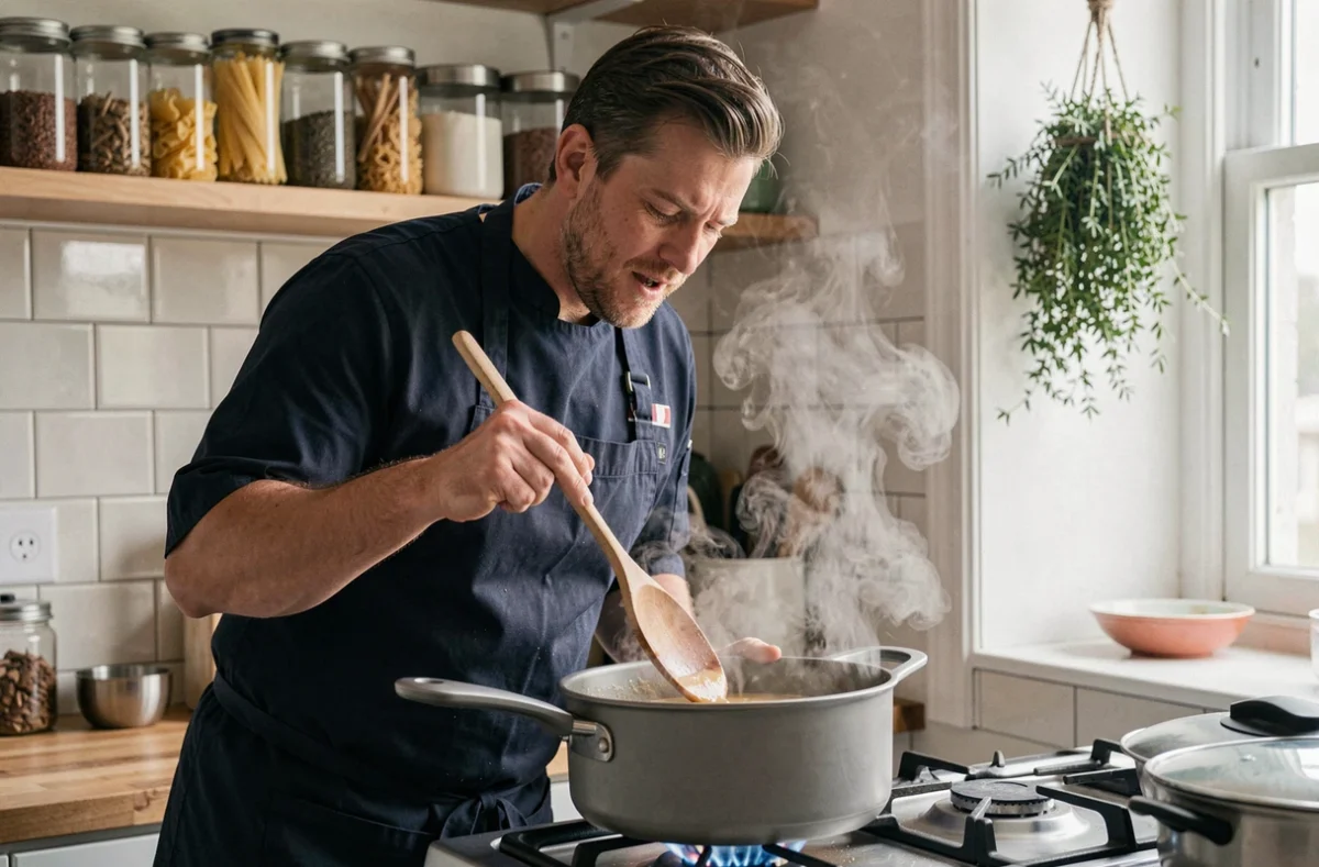 Homme en tablier marine faisant mijoter une sauce maison sur gazinière dans une cuisine au décor authentique