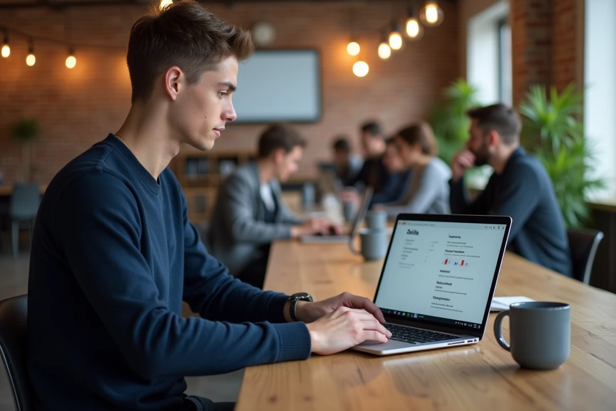 Jeune homme mettant en valeur ses compétences informatiques sur son CV dans un espace de coworking