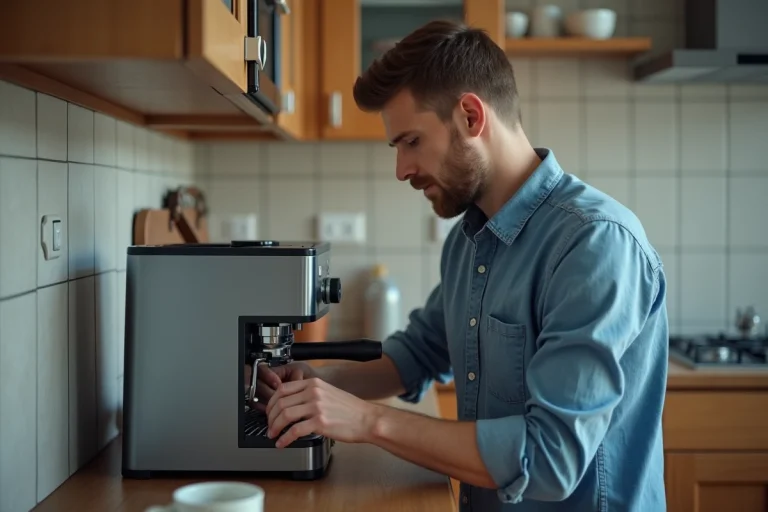 Homme d'âge moyen démonte une machine à café dans la cuisine