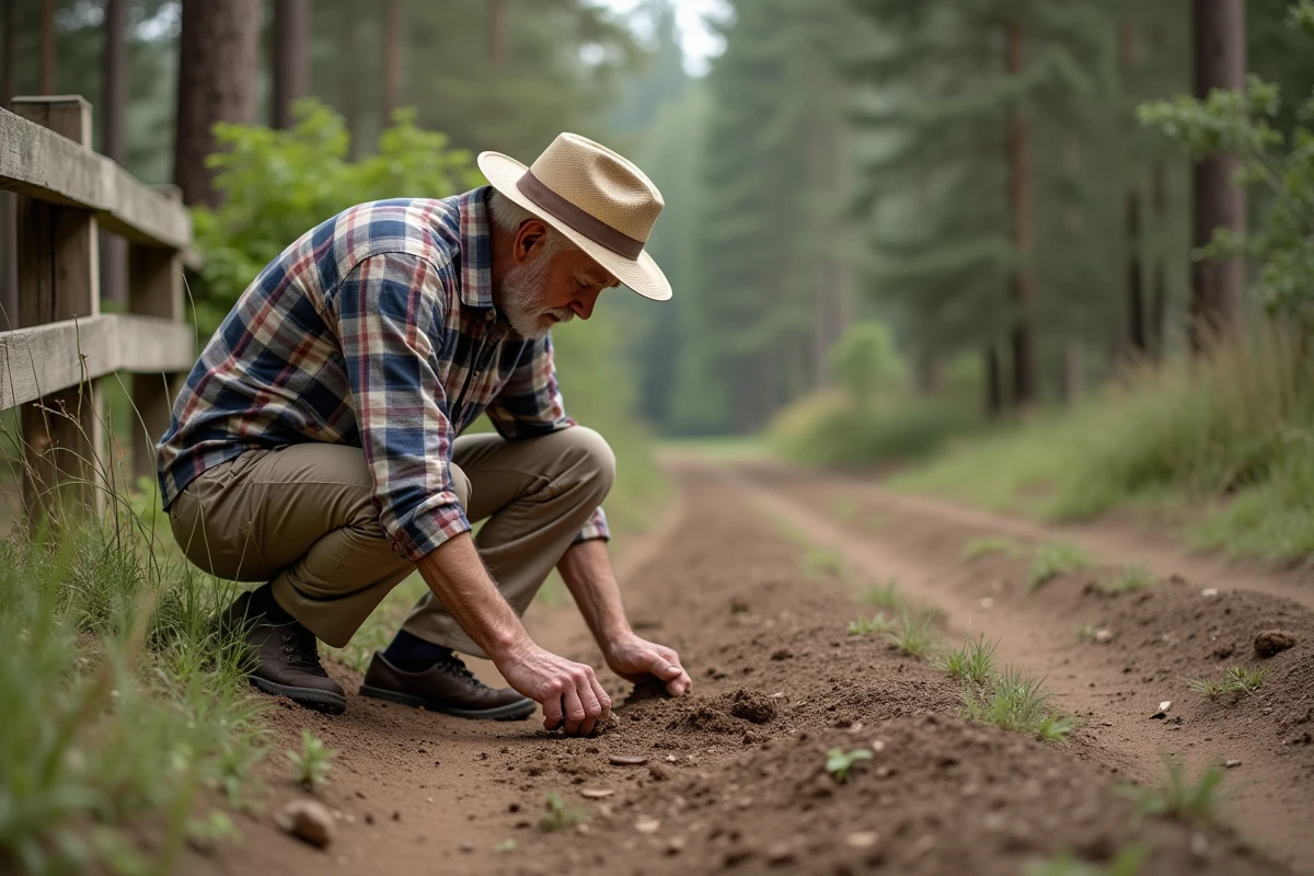 Homme âgé examine le sol en forêt
