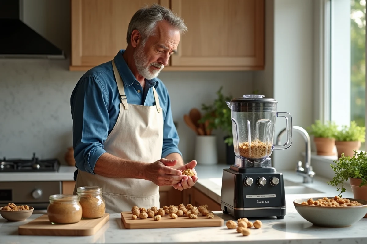Homme vérifiant des noix moulues près d