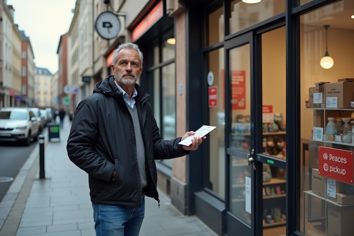 Homme devant un point relais Mondial Relay à Harnes tenant un avis de passage et cherchant à résoudre un problème de livraison