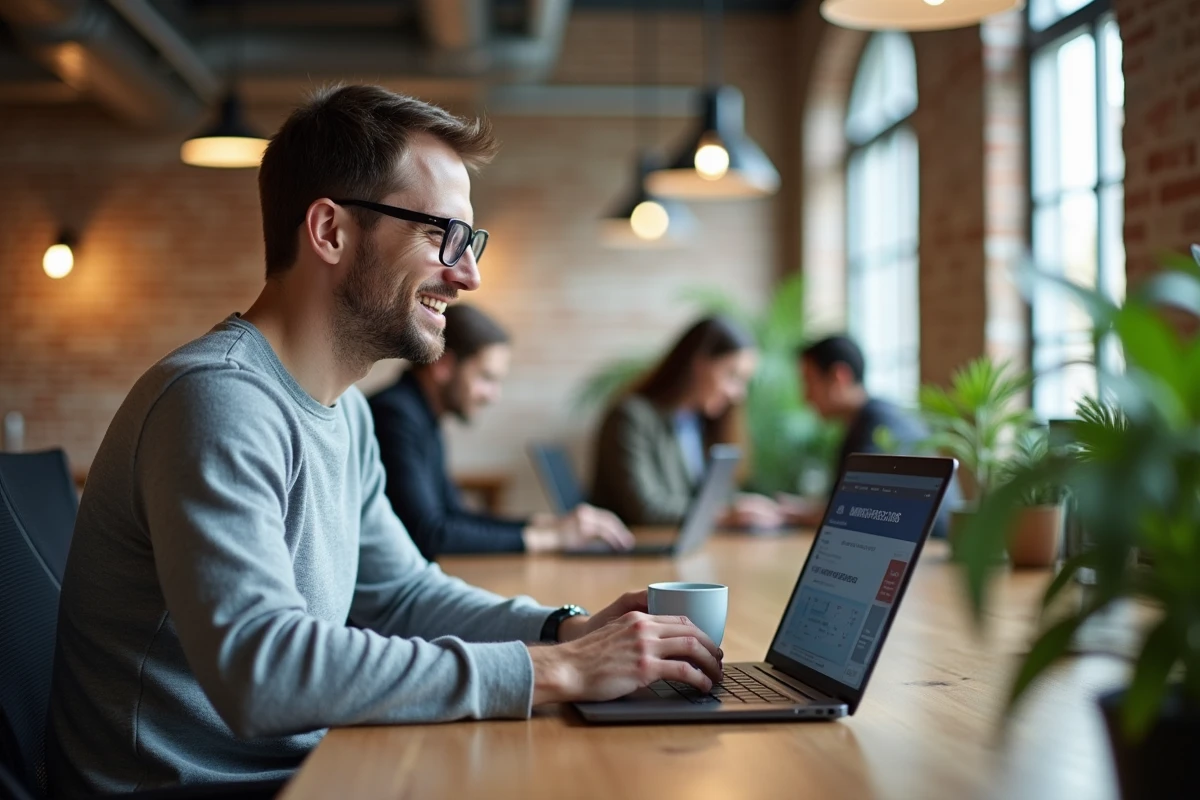 Homme en pull gris recherchant une formation professionnelle en ligne dans un espace de coworking moderne