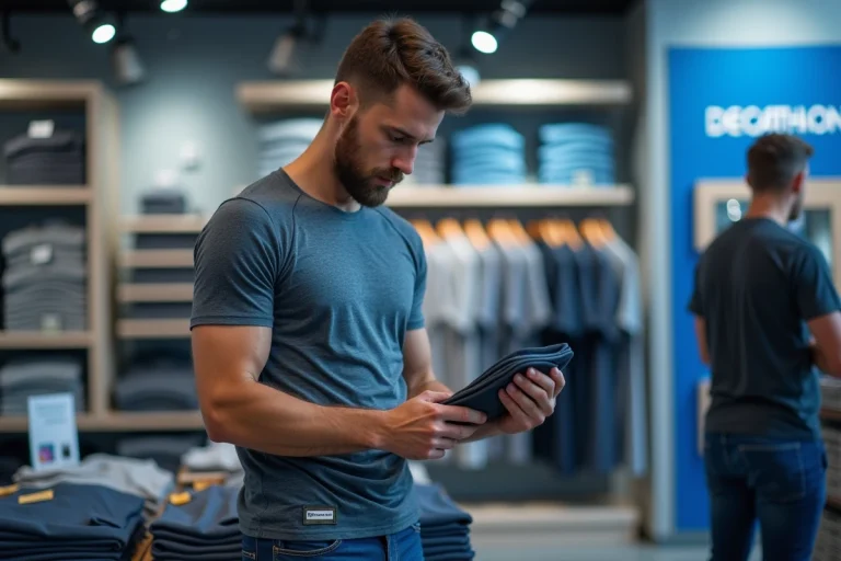 Jeune homme vérifiant l'étiquette d'un t-shirt technique dans un magasin Decathlon