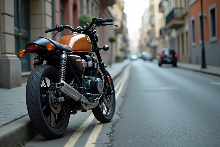 Honda CB750S garée dans une rue urbaine, vue de trois quarts avant, idéale pour un article sur le permis A2