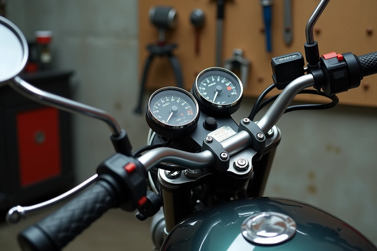 Gros plan sur le tableau de bord et le guidon d'une Honda CB750S dans un garage, détails techniques pour article permis A2