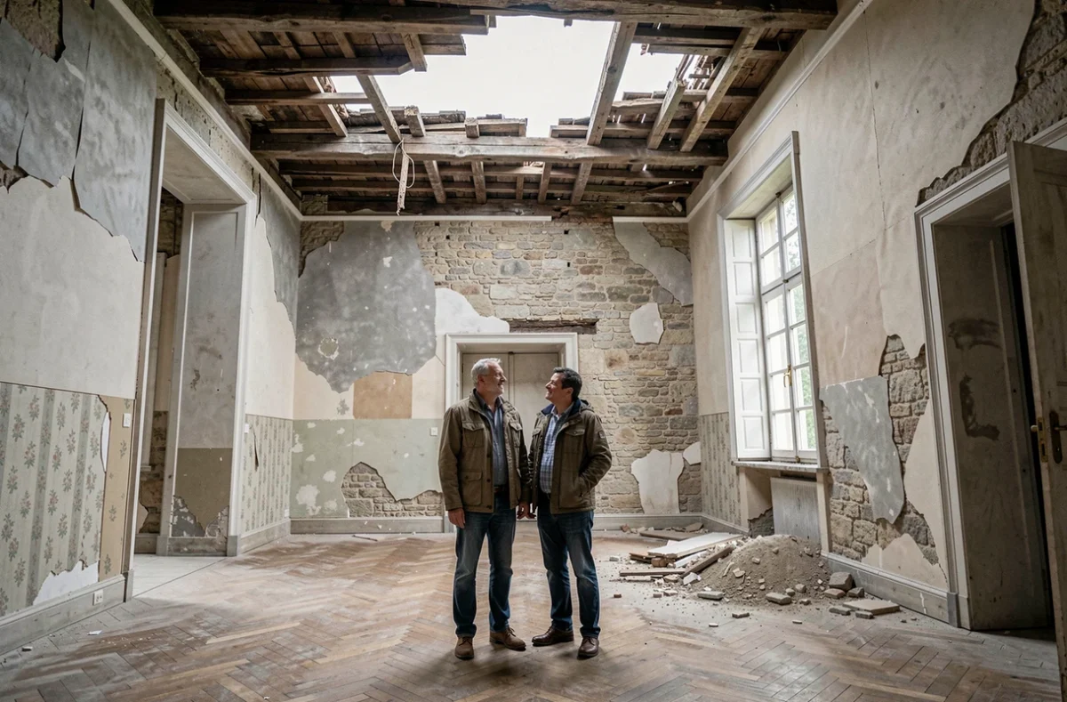 Couple inspectant l'intérieur délabré d'un château avec plafond effondré avant achat à prix symbolique
