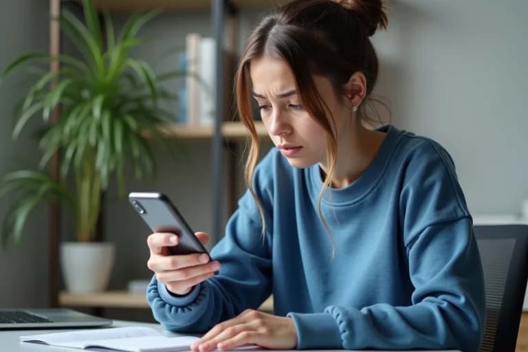 Jeune femme anxieuse regardant son smartphone dans un bureau