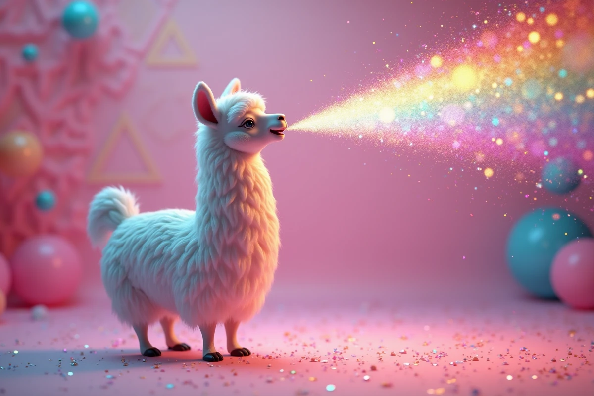 Lama cartoon qui crache un arc de paillettes multicolores et holographiques avec une expression joyeuse