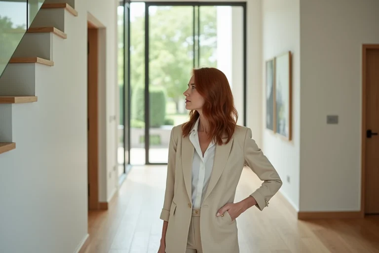 Femme élégante aux cheveux auburn dans le hall d'entrée d'une maison de luxe moderne avec escalier en verre et parquet en chêne clair