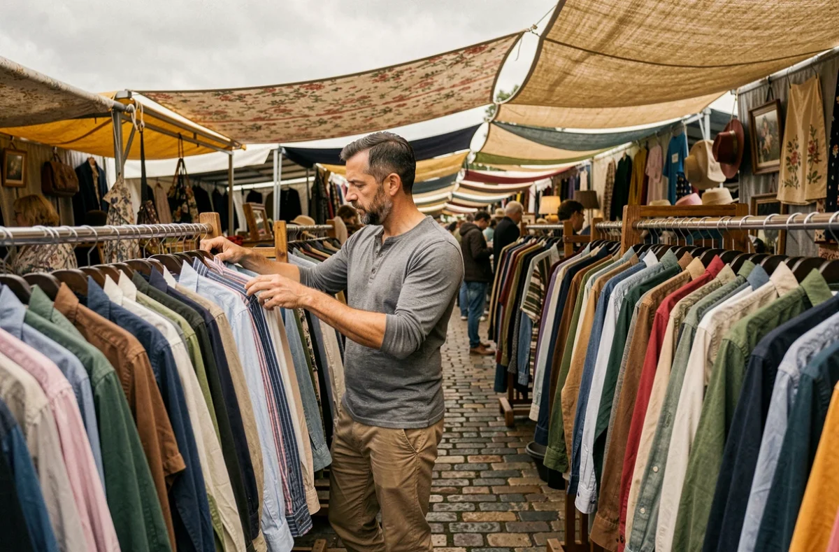Homme feuilletant des chemises d'occasion sur un marché aux puces en plein air, ambiance brocante vintage