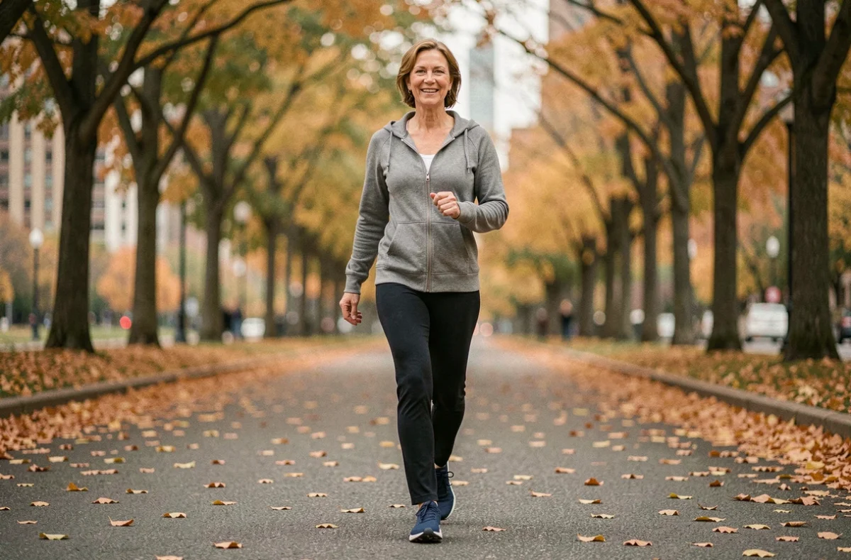 Femme d'âge mûr marchant dans un parc en automne pour entretenir sa santé physique