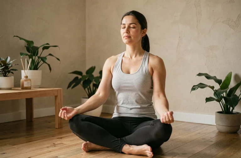 Femme pratiquant la méditation à domicile pour améliorer sa santé mentale au quotidien
