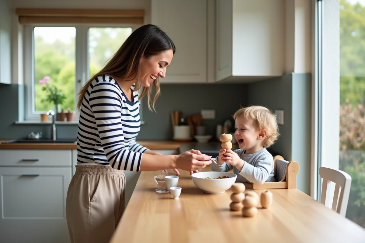 Mère et tout-petit partageant un moment joyeux dans une cuisine moderne et chaleureuse pendant la préparation du petit-déjeuner