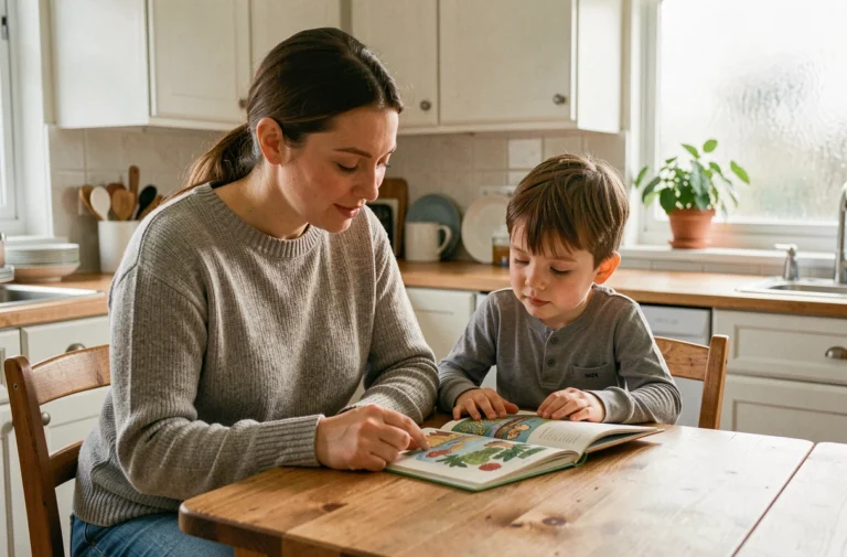 Mère et jeune enfant lisant un livre illustré ensemble à la table de la cuisine, moment de complicité parentale au quotidien