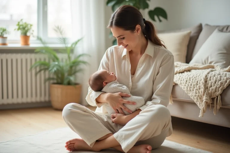 Jeune mère sereine tenant son nouveau-né dans ses bras sur le sol d'un salon minimaliste scandinave