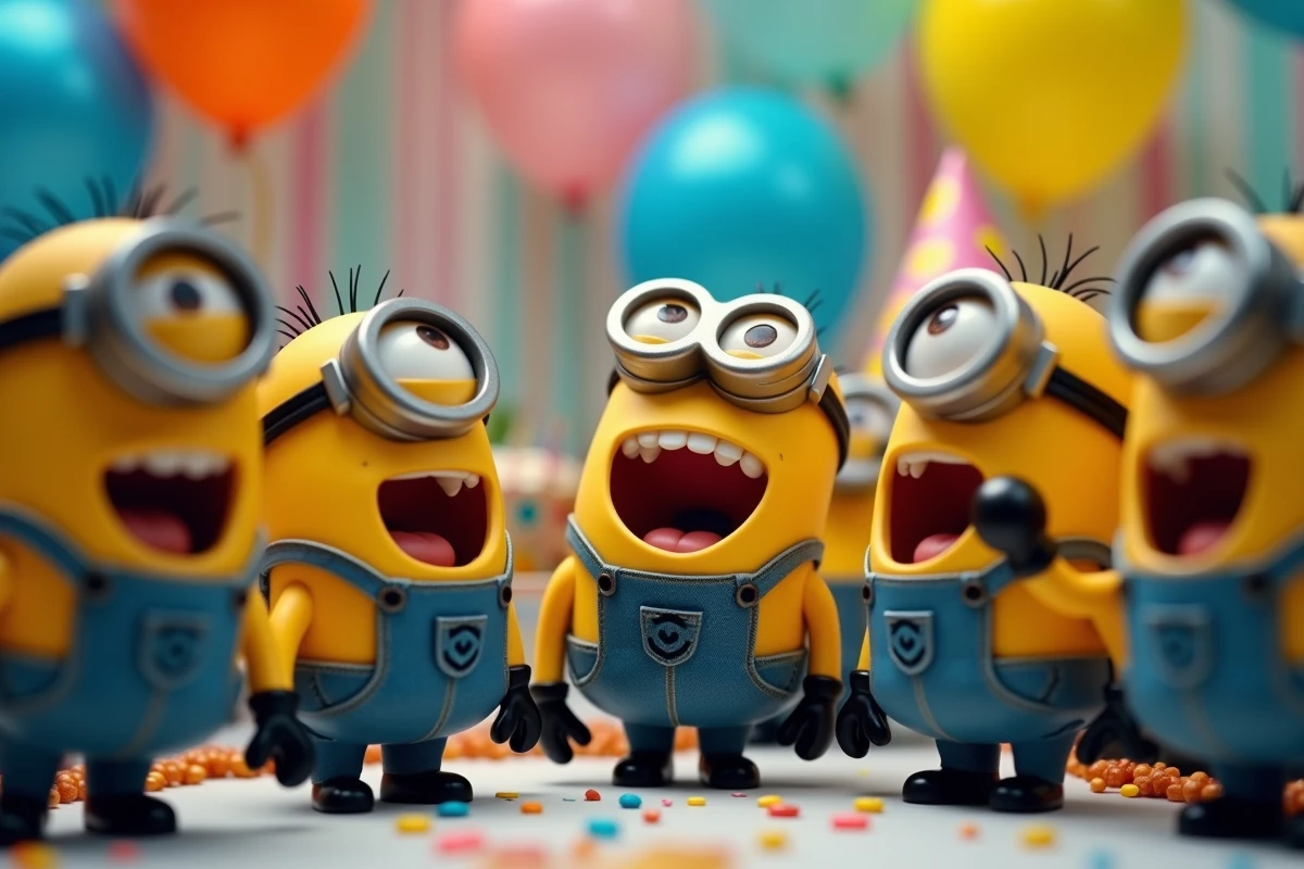 Figurines de Minions chantant en choeur avec la bouche grande ouverte lors d'un anniversaire