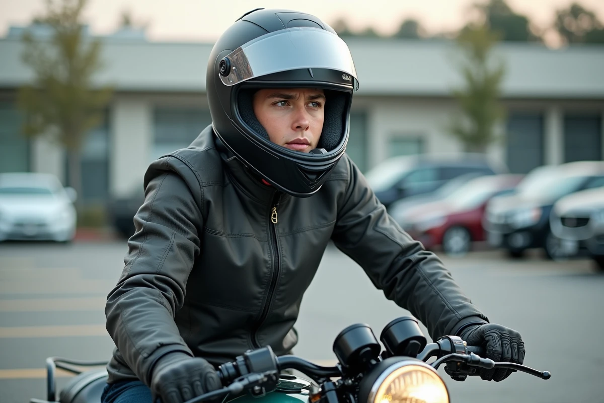 Jeune motard débutant assis sur une Honda CB750S en parking, expression hésitante, équipement de protection complet