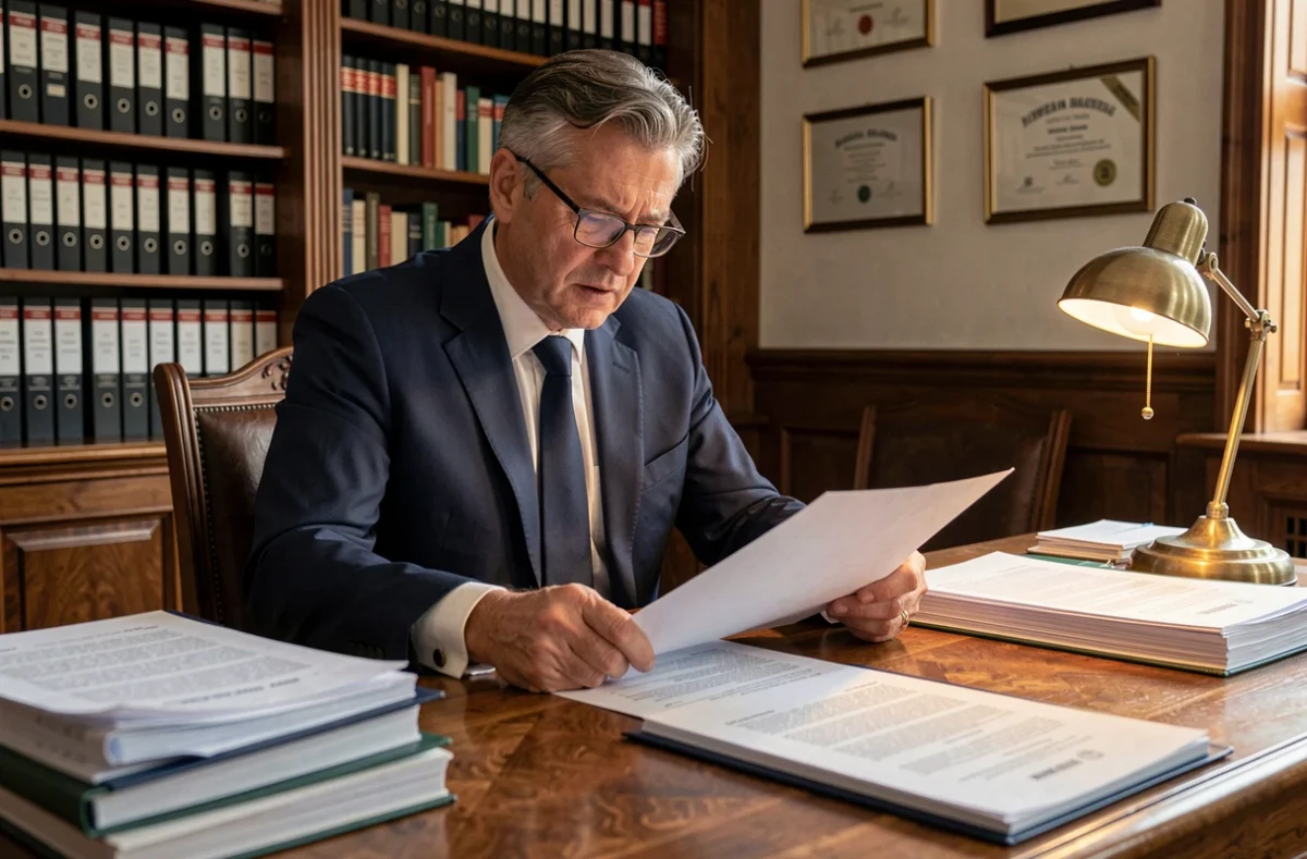 Notaire examinant des documents juridiques complexes pour la vente d'un château à prix symbolique
