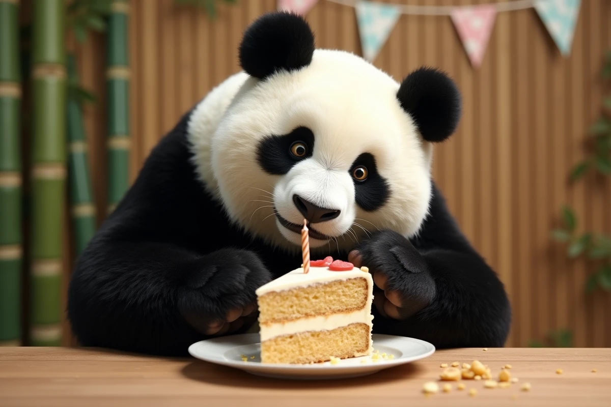 Panda géant qui mange un gâteau d'anniversaire seul sans vouloir le partager avec personne