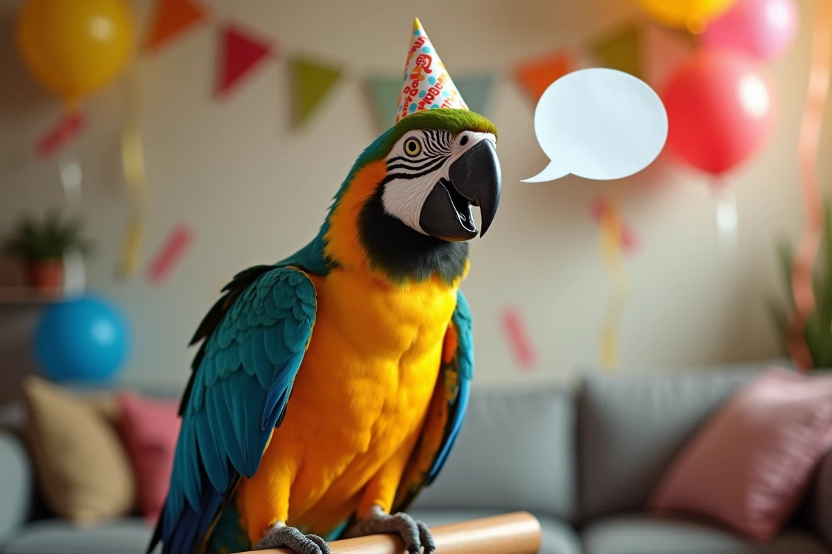 Perroquet coloré en train de répéter joyeux anniversaire avec le bec grand ouvert et un chapeau de fête