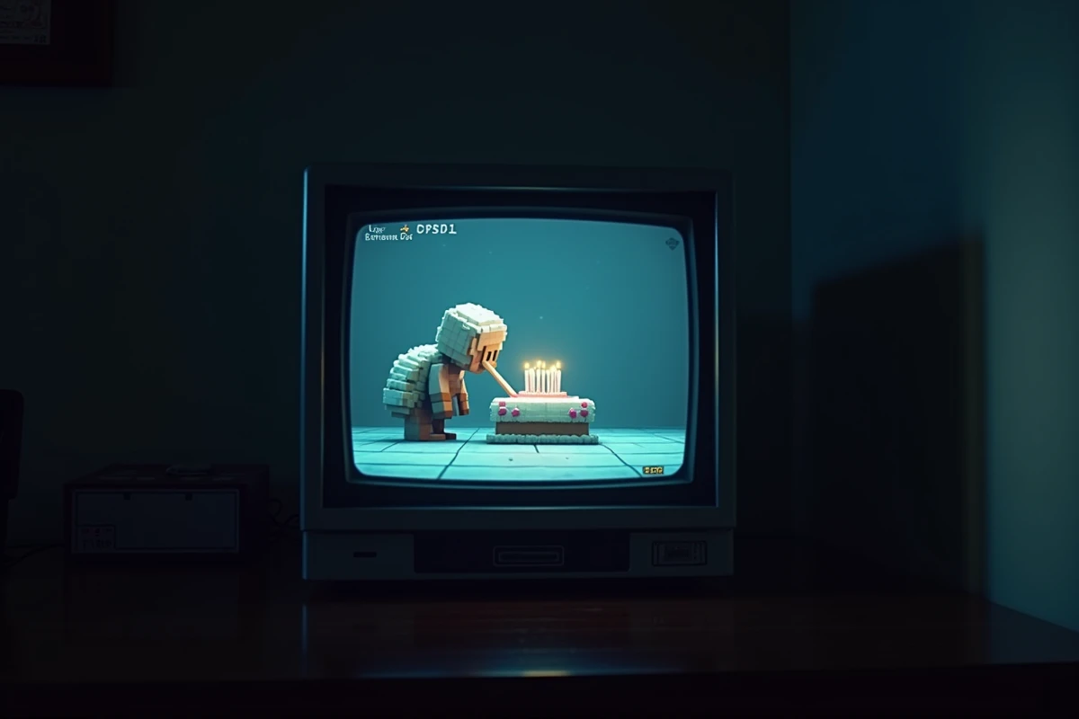 Personnage pixelisé style 8-bit sur écran rétro qui souffle des bougies de gâteau en blocs de pixels