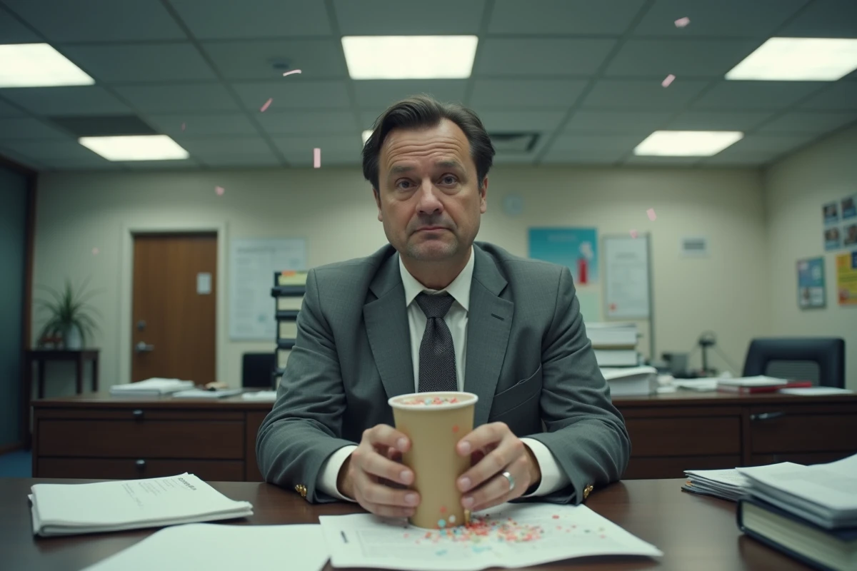 Personnage de bureau en costume gris lançant mollement des confettis avec une expression neutre