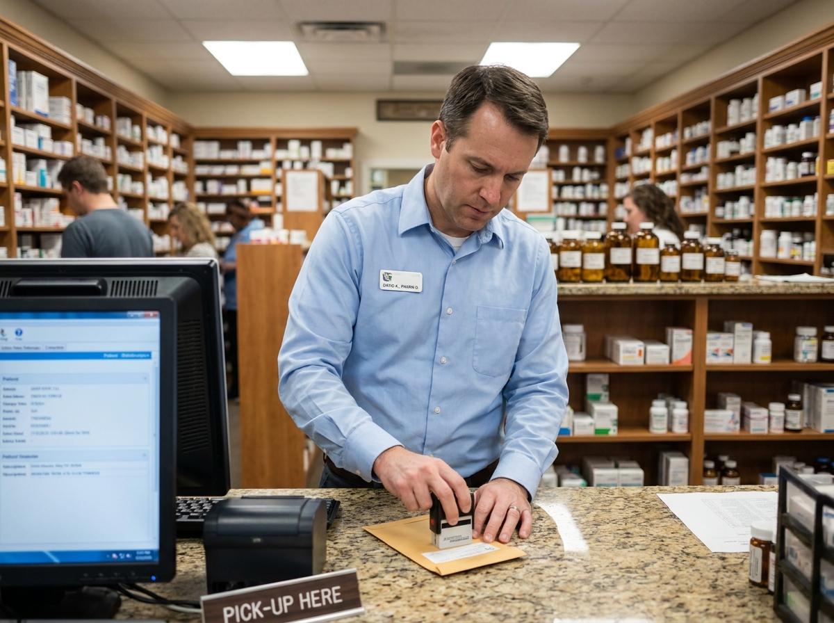 Pharmacien homme apposant un tampon sur une enveloppe de prescription