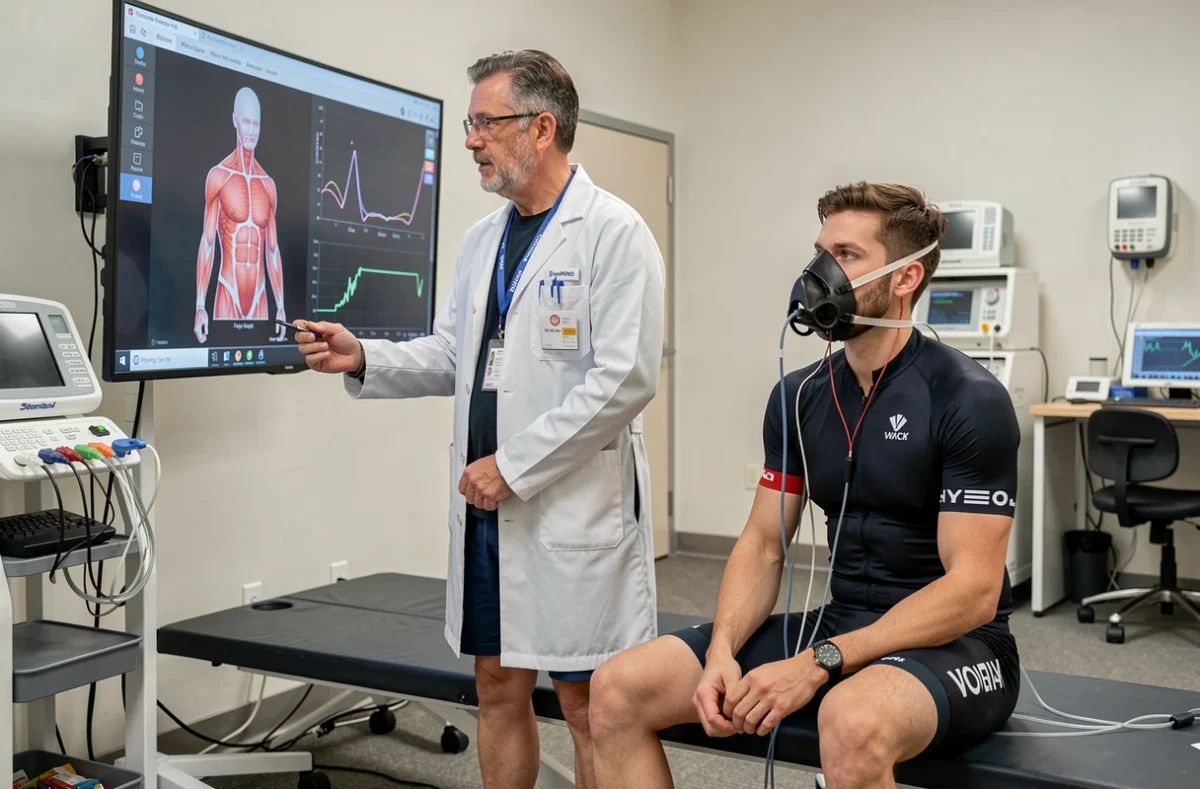 Physiologiste du sport et cycliste professionnel lors d'un test VO2 max dans un laboratoire de performance sportive