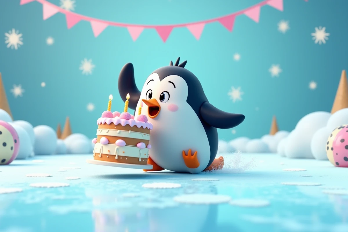 Pingouin cartoon glissant sur la glace en équilibre précaire avec un gâteau d'anniversaire à étages