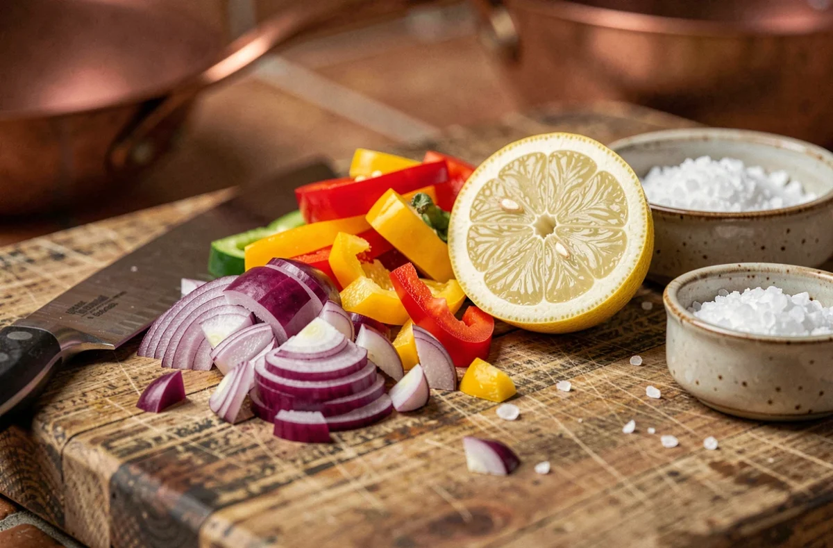 Gros plan sur une planche à découper en bois avec légumes frais émincés, couteau de chef et sel de mer