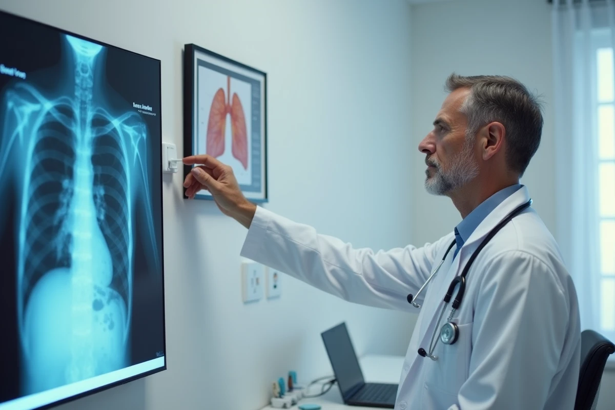 Médecin pneumologue examinant une radiographie pulmonaire dans un cabinet médical, évoquant les problèmes respiratoires causés par l'inhalation de poils de chat